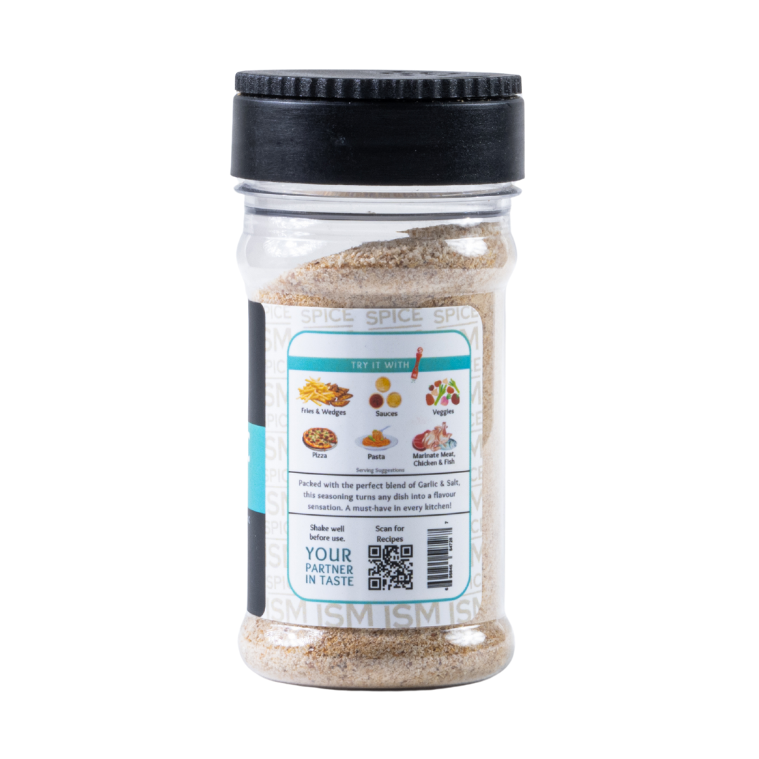 Close-up of garlic salt blend with fine salt and garlic powder