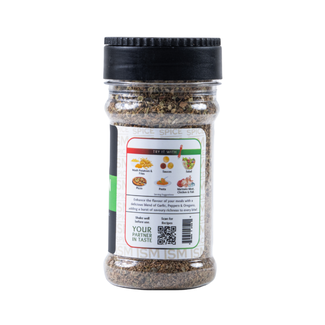 Close-up of Italian blend seasoning with garlic, oregano, and pepper