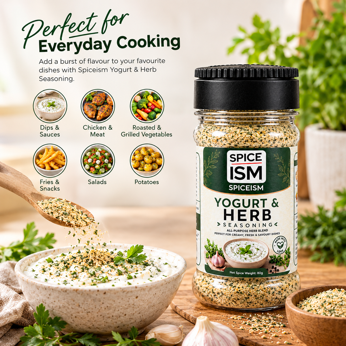 Spiceism Yogurt & Herb Seasoning stands on a wooden surface beside a bowl of yogurt topped with herbs, with additional seasoning in small bowls and a spoonful. The scene includes promotional text about using the seasoning for dips, sauces, chicken and meat, roasted and grilled vegetables, fries and snacks, salads, and potatoes.